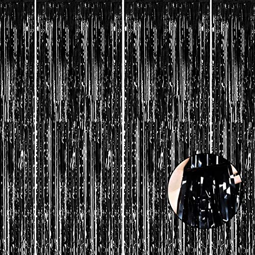 Image of 4 Pack Black Foil Fringe Curtain Backdrop, 3.28Ft x 8.2Ft Metallic Tinsel Streamer Curtains for Party, Photo Booth Props, Birthday, 2022 Graduation Decoration Party Supplies