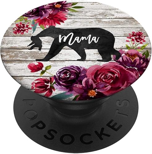 Mama Bear One Baby Cub Rustic Barn Wood Burgundy Floral - PopSockets Grip and Stand for Phones and Tablets