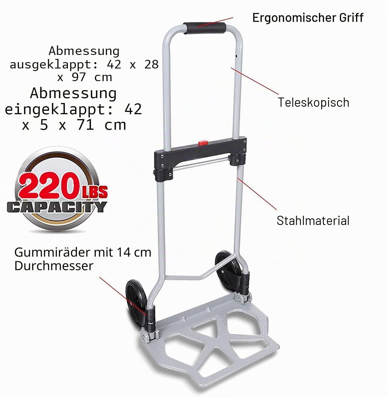 Sackkarre Alu Klappbar Handkarren Transportkarre 100 kg Belastbarkeit für Einkaufen, Reisen, Umzug
