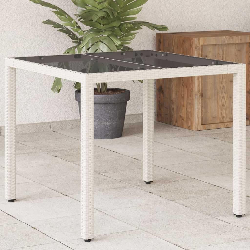 Stół ogrodowy ze szklanym blatem, biały, 90 x 90 x 75 cm, polirattan, odporny na warunki atmosferyczne, stal malowana proszkowo, stół tarasowy, stół balkonowy, meble ogrodowe