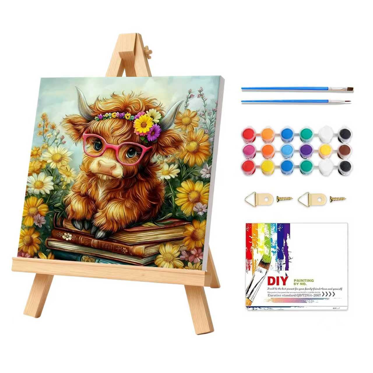 PHANTASYART Highland Cow Paint by Numbers for Adults-Highland Cow Painting by Numbers for Adults with Frame and Easel,Adult Paint by Numbers Canvas Kits for Gifts and Home Wall Decor 8x8in โ image 1