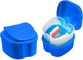 Denture Cup Dental Retainer Case Cleaning with Strainer Basket, Orthodontic Bath Box Mouthguard Storage Soaking Holder - Leak Proof and Lid Waterproof (dark blue)