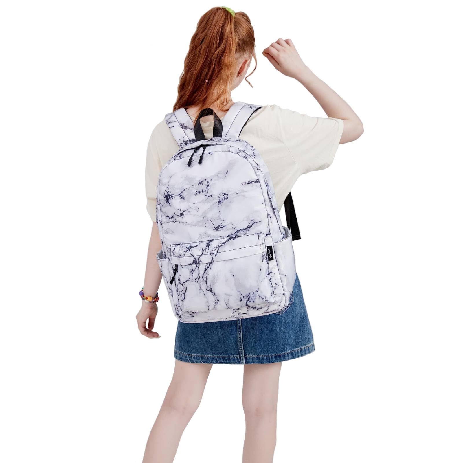 Imyth Mochila para adolescentes, regalo escolar, bolsa de almuerzo, bolsa de lápices, juego 3 en 1, Mármol Blanco, L, Escuela