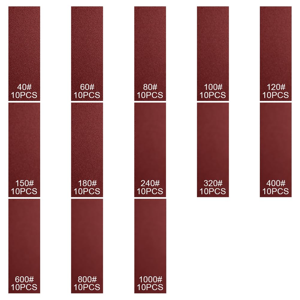 URAQT Juego de Papel de Lija Húmedo y Seco, 130 Piezas Papel de Lija Grueso a Fino Grano de 40-1000, 1 Microlijadora Manual para Pulir Coches Metal Madera Muebles, 30 x 90mm