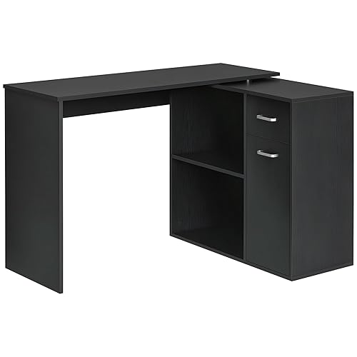 HOMCOM Scrivania Angolare per Studio e Ufficio con 2 Cassetti e 2 Ripiani, Scrivania Moderna in Legno, 117x82x74 cm, Nero