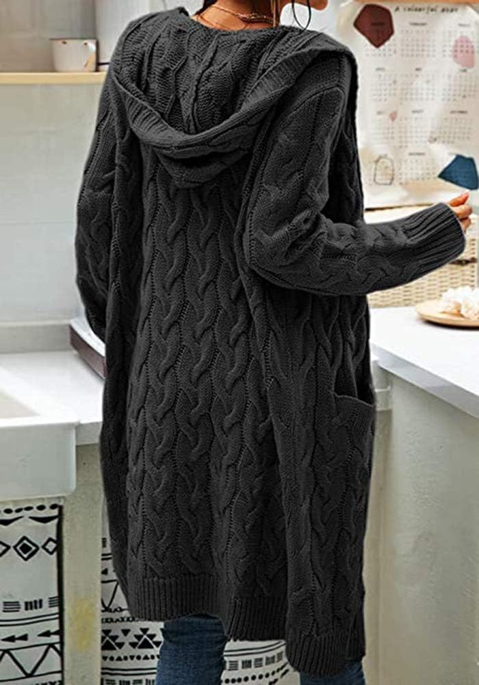 Women Hooded Open Front Cardigan Cable Knit Sweaters Solid Color Chunky Long Sweater Coats - Image 4