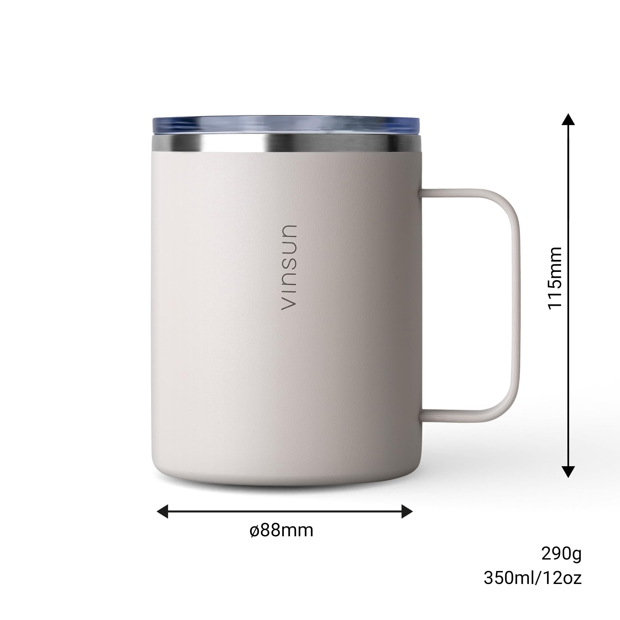 VINSUN Tazza Termica con Manico 350ml - Acciaio Inox, Coperchio Trasparente con Apertura per Bere, Senza BPA - Tazza da Viaggio Caffè per Ufficio, Scuola, Campeggio, Auto