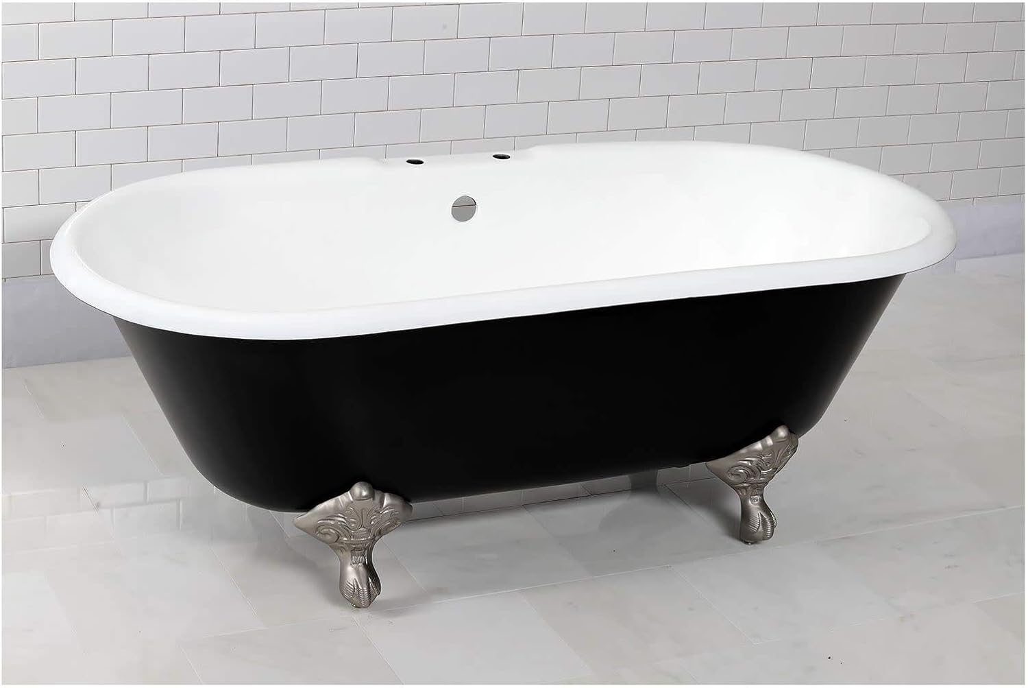 Aqua Eden VBT7D663013NB8 66-Inch Cast Iron Double Ended Clawfoot Tub with 7-Inch Faucet Drillings, Black/White/Brushed Nickel