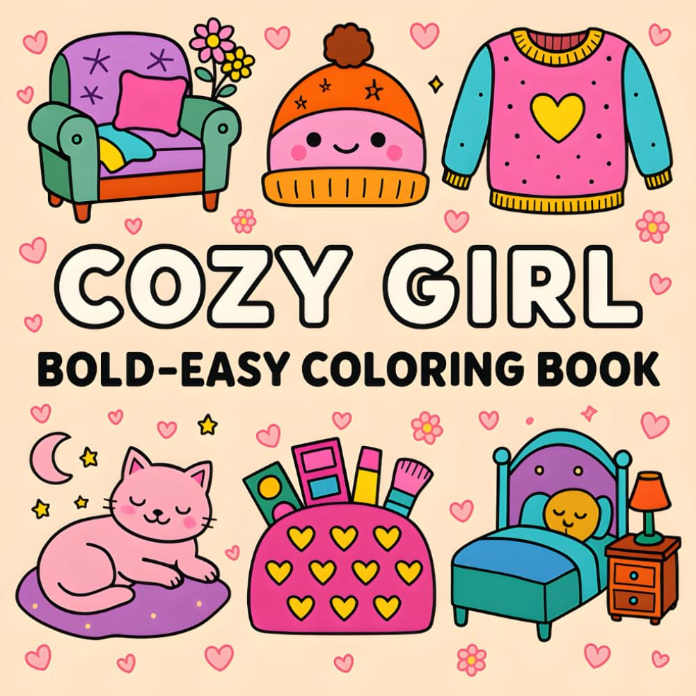 Cozy Girl Coloring book: 50+ Simple, Cute, Bold and Easy Illustrations for Adults and Teens — Featuring Relaxation and Stress Relief Scenes with Cozy Outfits, Comfy Rooms, and Hygge Vibes