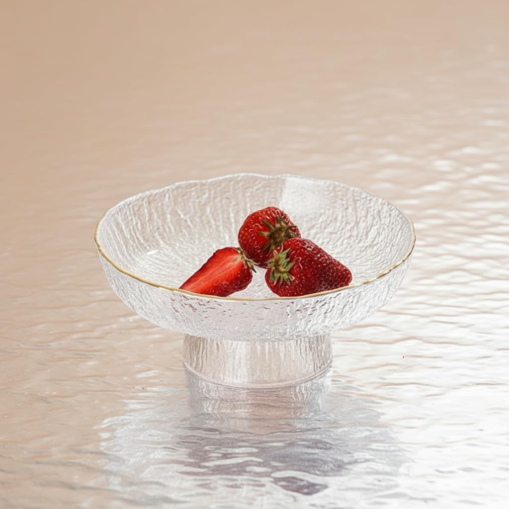 Fruit Bowl for kitchen decor Counter, 10.4‘’Large Decorative Bowl, Modern Display key bowls, High Foot Serving Blows with Irregular Edge Design, High-Temperature Fired Thickened Glass Bowl, Black