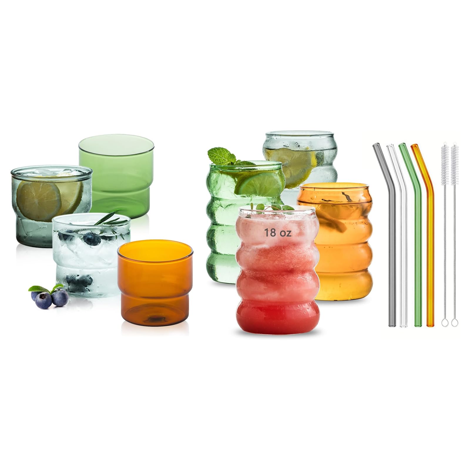 INSETLAN 4 Pack Stackable Colored Drinking Glass Cups + 4 Pack 18 oz Colored Glassware Drinking