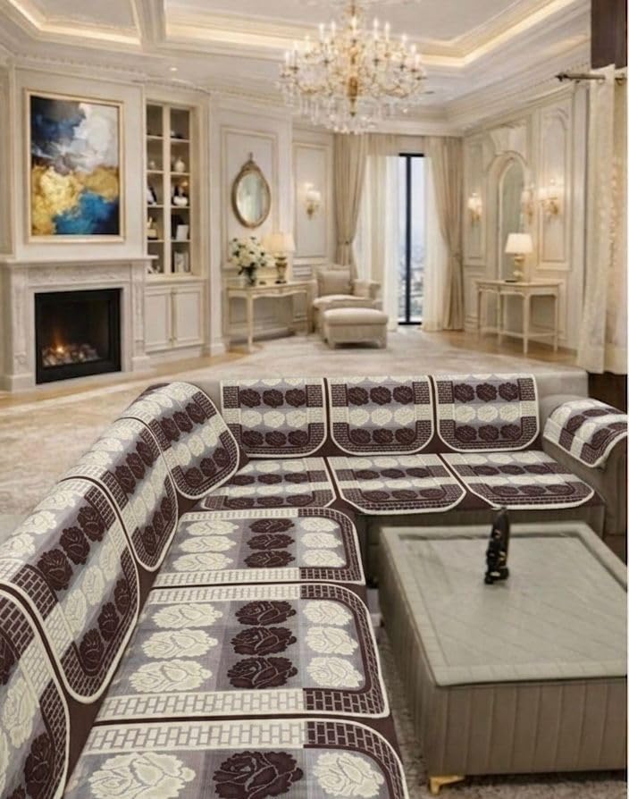 BALLEY L Shape Sofa Cover Set with Rose Floral Pattern, Brown and White, Pack of 14-image-24