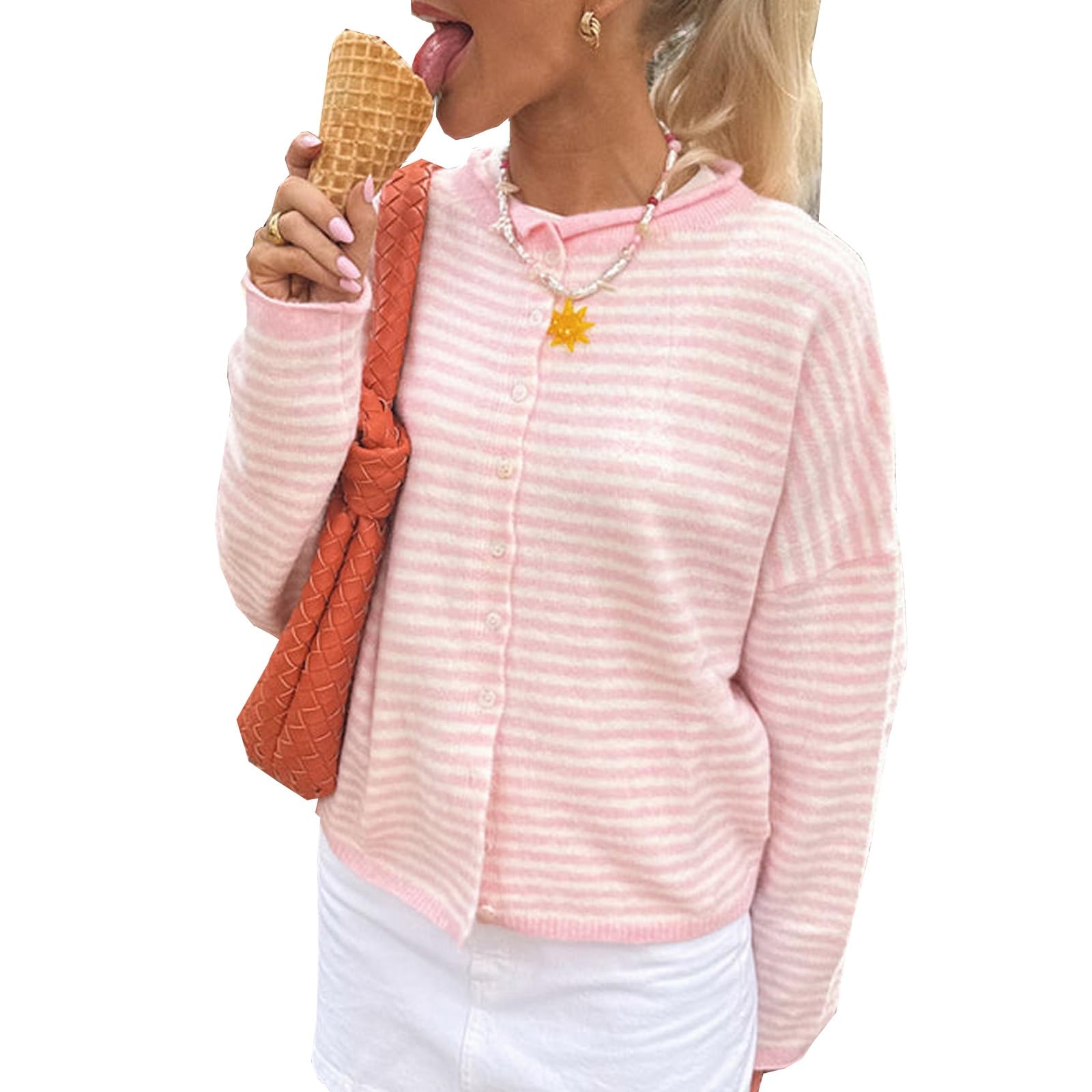 Women Y2K Knit Cardigan Striped Button Down Loose Fit Sweater Cardigan Vintage Streetwear Open Front Knitwear