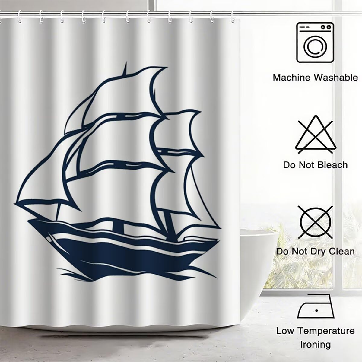 Weiß Duschvorhang 240x200 cm, Duschrollo mit 12 Duschvorhang Haken, Boot Shower Curtains Beschwerter Saum, Waschbar Polyester Stoff Wasserdicht Extra Lang für Bathroom, Badewanne Badezimmer Deko -2849