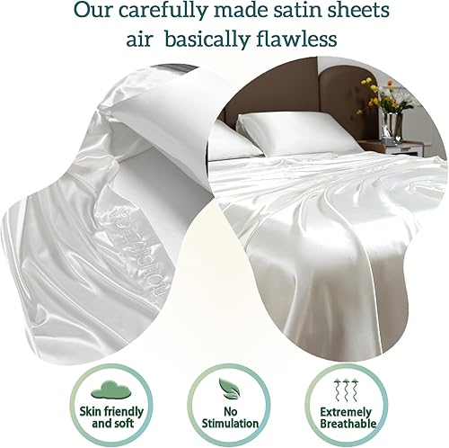 Miniatura 2 de YUEZAISHOU Sábanas de satén blancas tamaño Queen, juego de sábanas de seda de 4 piezas tamaño Queen, juego de ropa de cama de lujo extra suave y