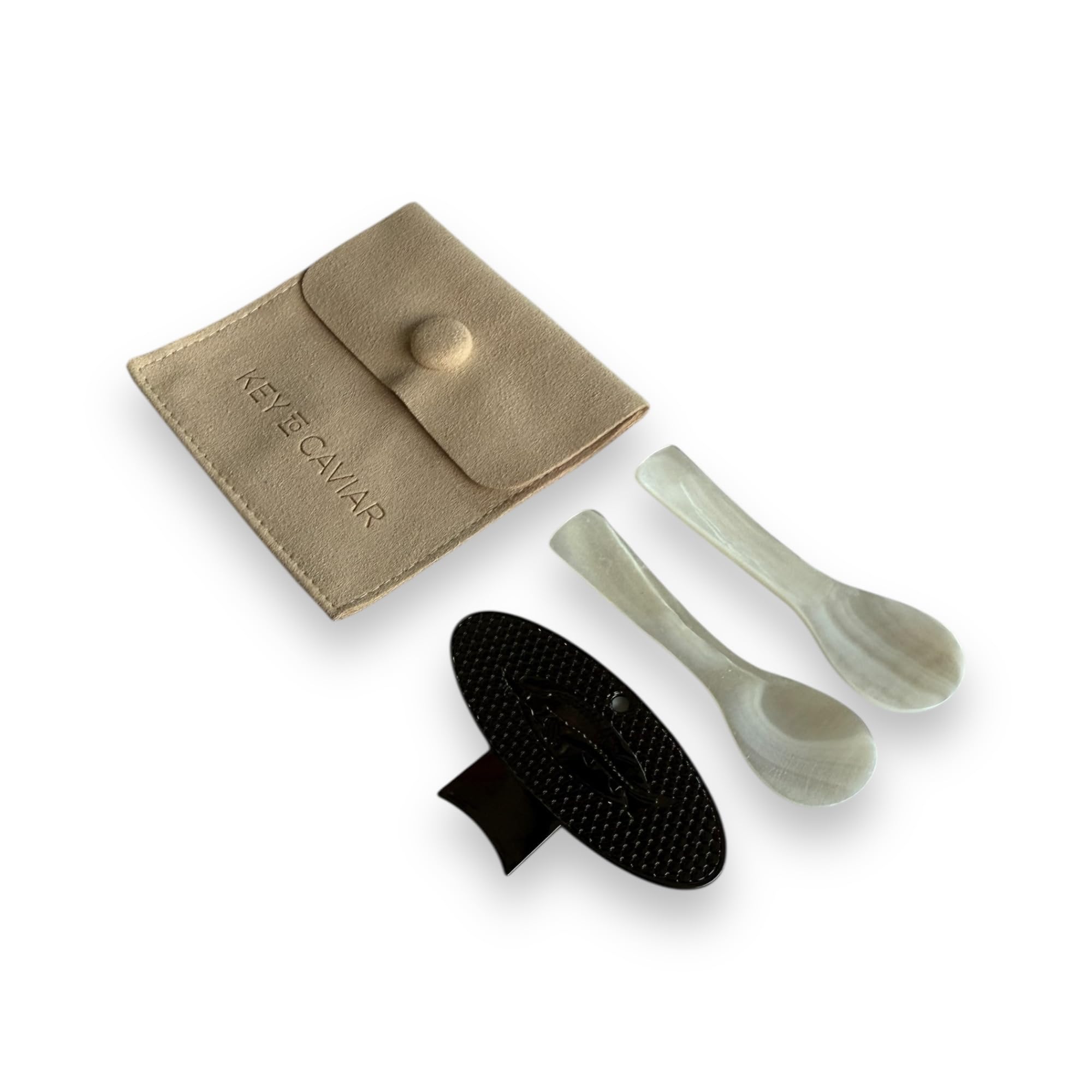 Abrelatas con llave de caviar + juego de cuchara de nácar (ónix)