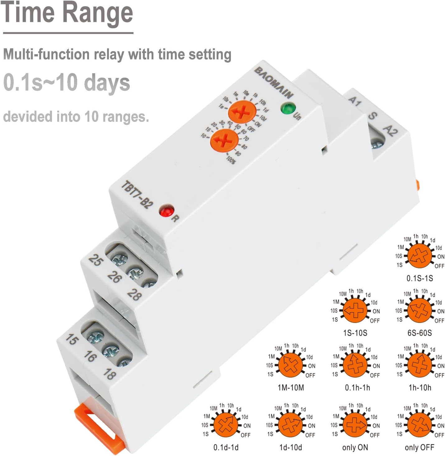 BAOMAIN Delay ON Timer Relay,16A 2-SPDT (2NO 2NC),12-240V AC/DC,TBT7-B2,0.1s-10 Days Range Adjustable Dual Circuit Time Relay DIN Rail Mount,for Multi-Load Control