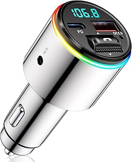 Niweya Bluetooth 5.3 FM Transmitter for Car, Wireless FM Radio Bluetooth Car Adapter, QC3.0 18W & Type-C PD 30W Fast Car Charger, AUX Output, Hands-Free Call, Dual 7-Color Backlit, Zinc Alloy, Silvery