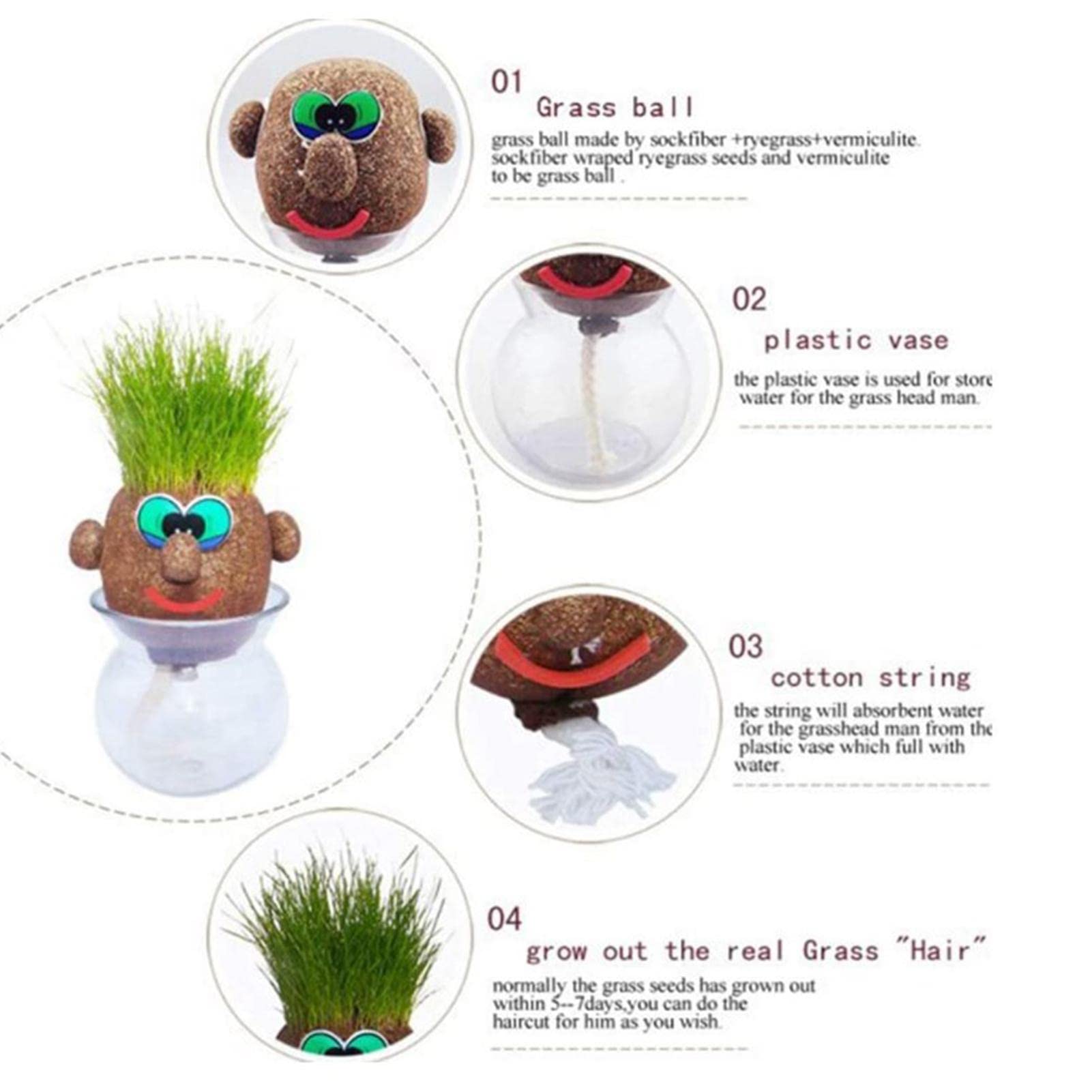 Muñeca con cabeza de hierba, divertida muñeca de hierba, jardinera ecológica para niños, manualidades con cabeza de hierba, actividades creativas para niños, juguetes de jardín temáticos de naturaleza