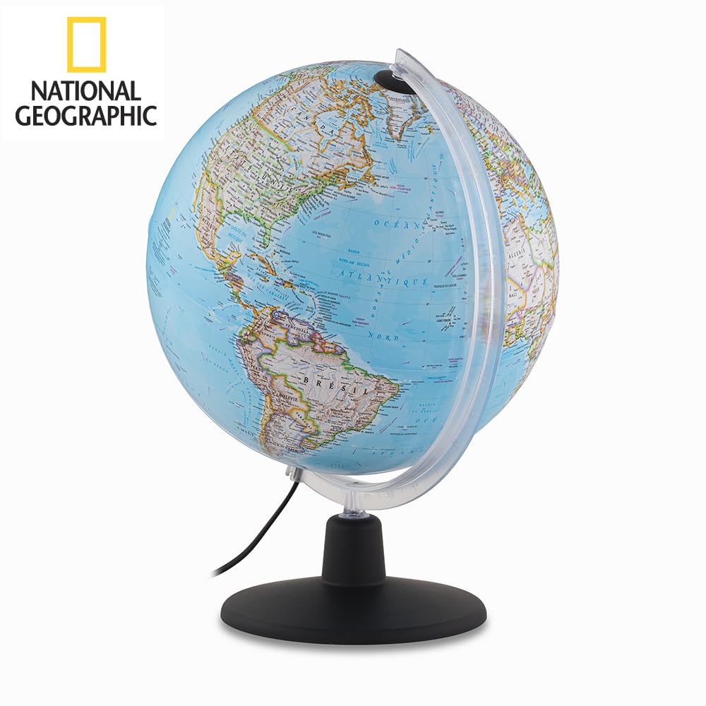 Tecnodidattica – Globe terrestre NATGEO Classic | Cartographie officielle physico-politique NATIONAL GEOGRAPHIC Classic | Lumineux et rotatif | Textes en français | Diamètre 30 cm