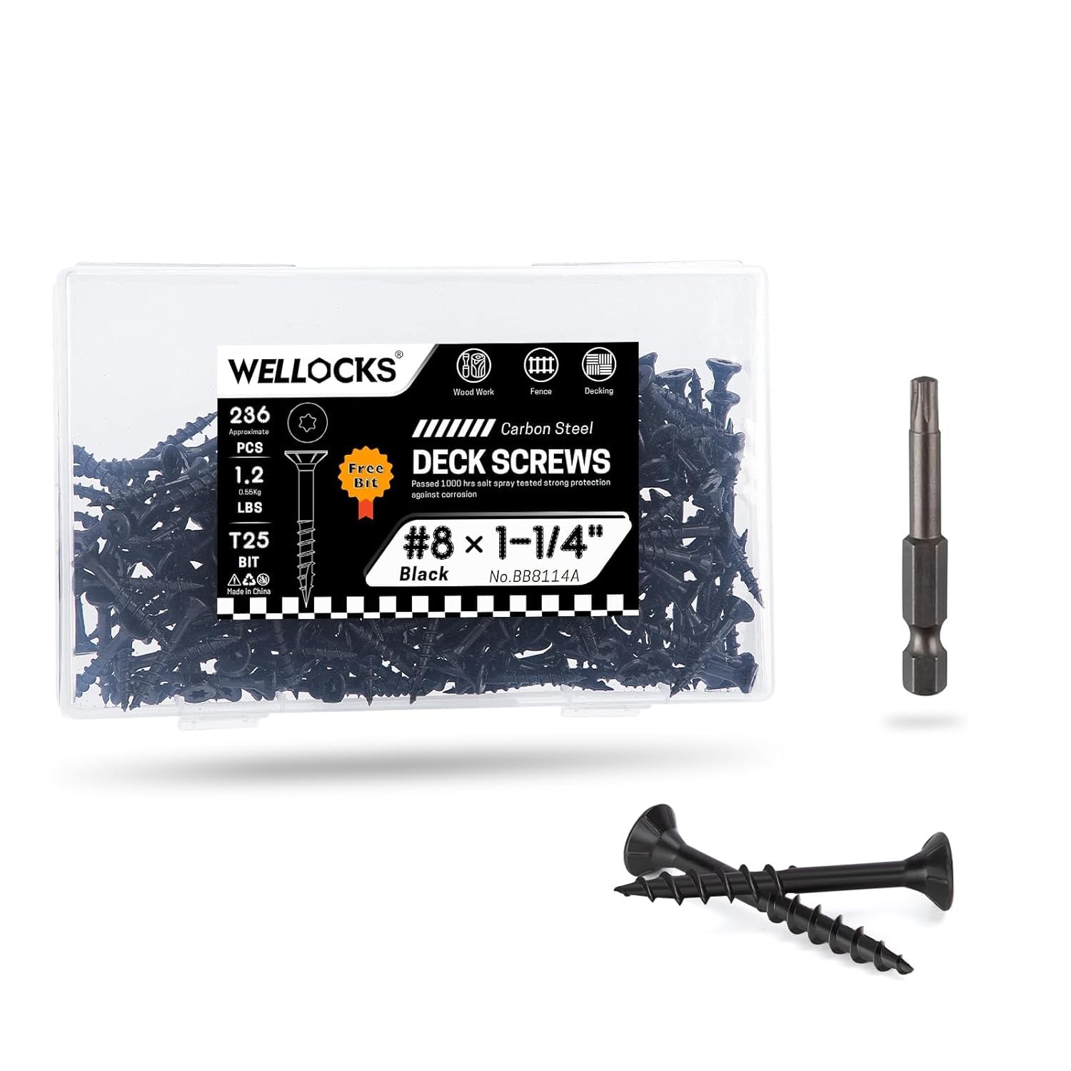 WELLOCKS Deck Screws,Black, Rust-Resistant, Salt Spray Resistant, Epoxy Coated, T25 Torx Bit Included for Wood Fence, Decking & Outdoor US (#8×1-1/4",