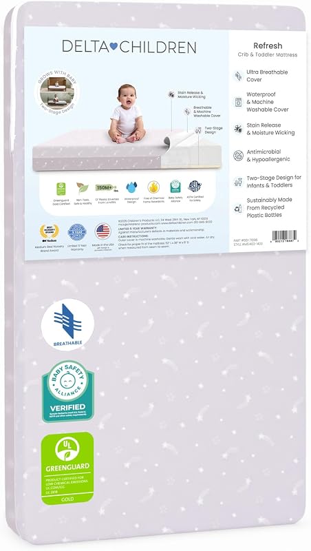 Refresh 2-Stage Crib and Toddler Mattress - Breathable Cover and Core - Machine Washable - GREENGUARD Gold – Waterproof - Sustainably Sourced Core, Pink