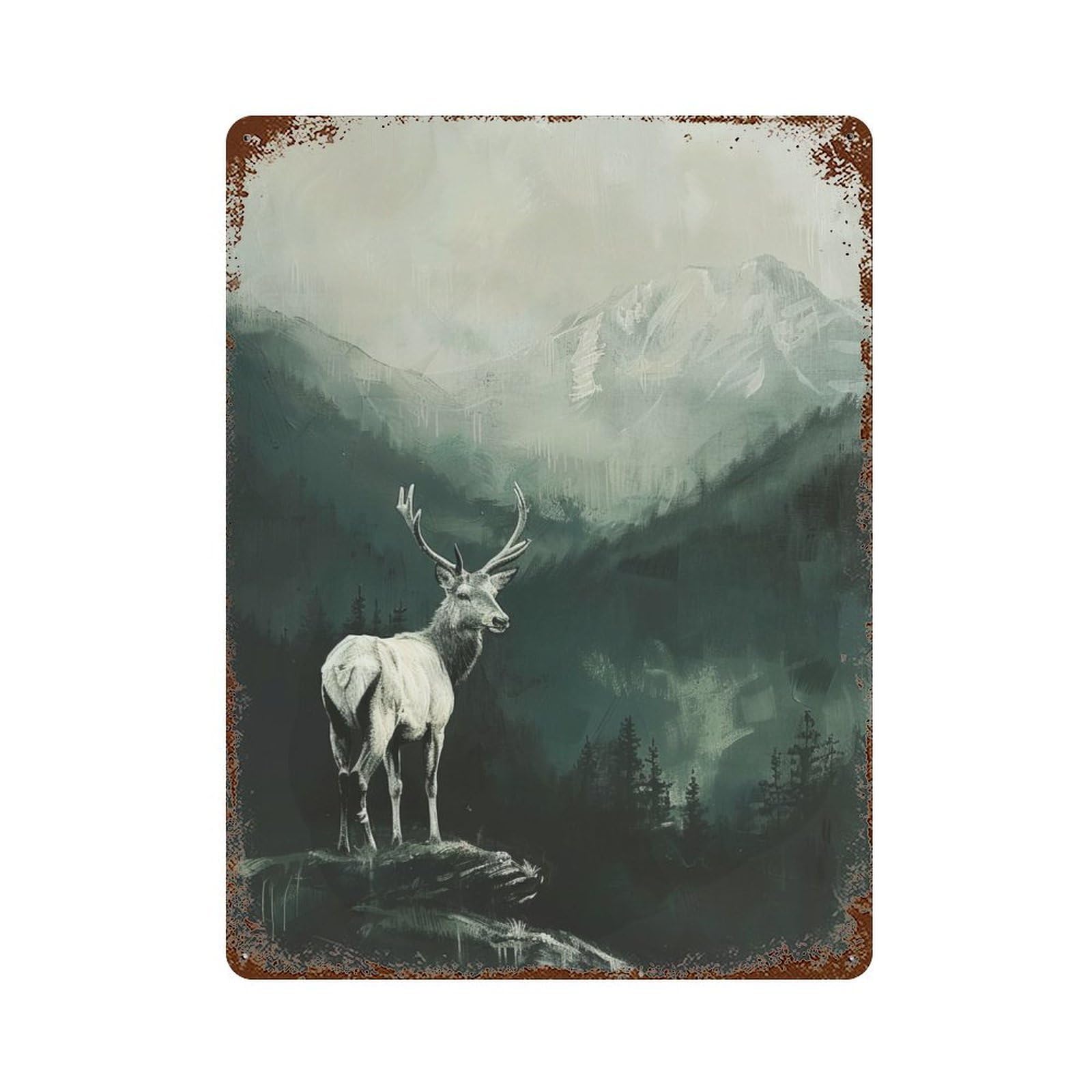 White Deer in Mountain Landscape 15.7"x11.8" Rustic Tin Plaque, Farmhouse Wall Decor for Basement, Hobby Room And Garage Decor