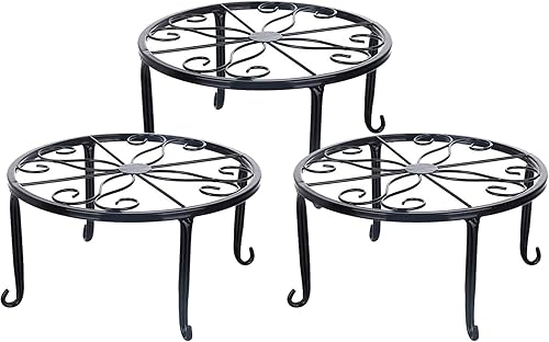 Soporte para plantas al aire libre, paquete de 3 soportes de metal para plantas, maceta redonda duradera a prueba de óxido, estante de hierro
