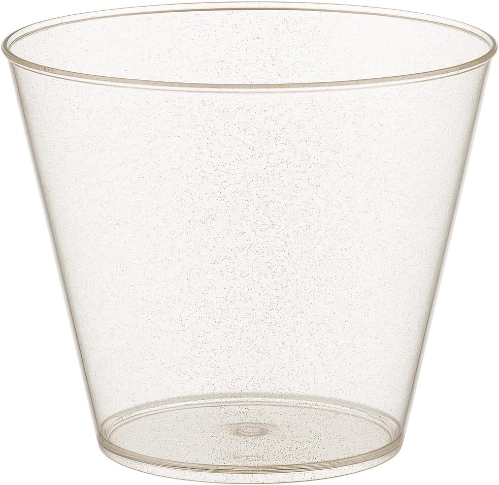 Oojami 100 Count Gold Glitter Plastic Party Cups 9 oz – Elegant Disposable Old Fashioned Tumblers for Weddings, Birthdays, Showers, Holidays, Cocktails, and Special Event Drinkware