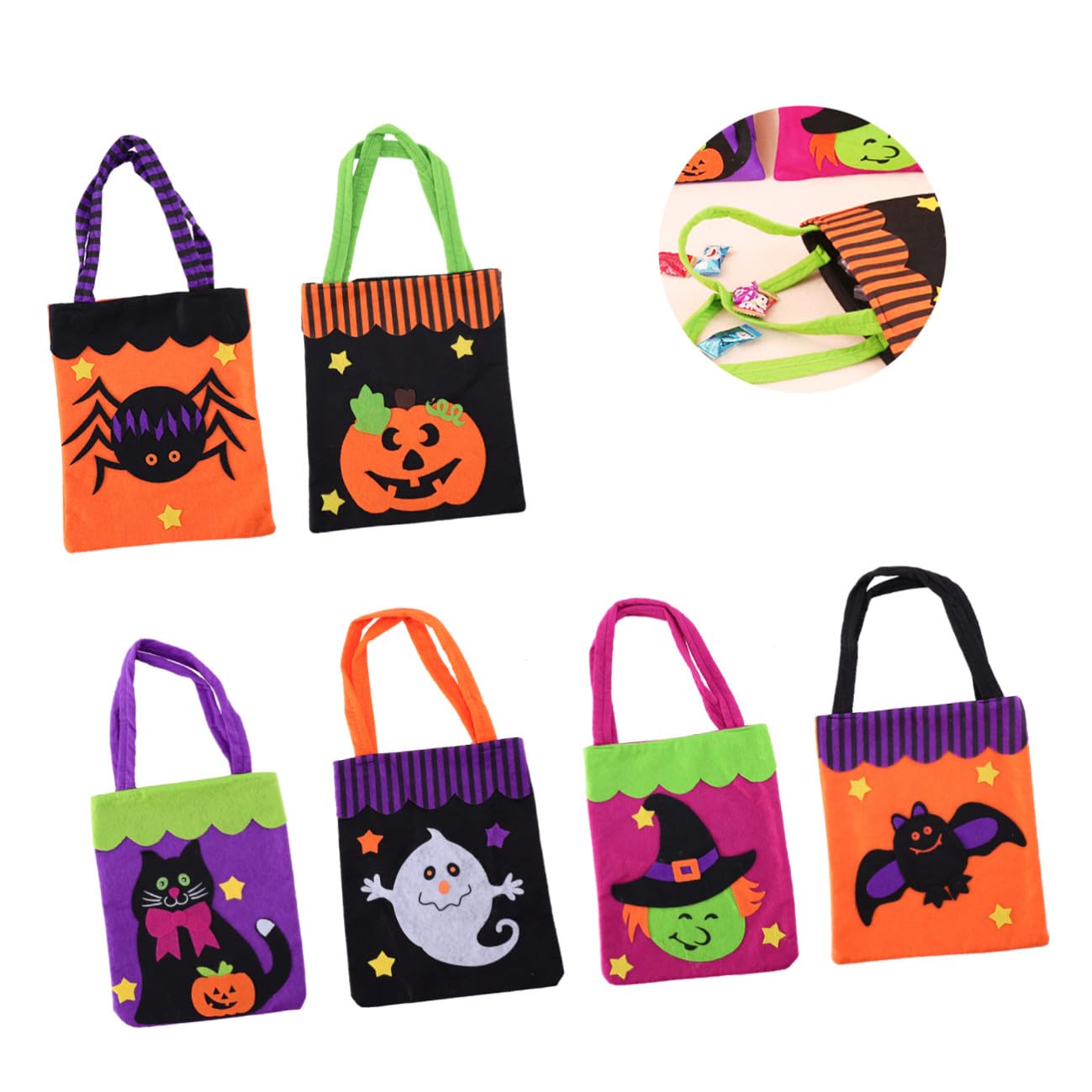 MUCKLILY 18 Stck. Teiliges Halloween Tragbare Beuteltaschen aus Flauschstoff mit Lustigen Applikationen Wiederverwendbare Süßigkeiten Taschen für Halloween Party und Geschenke