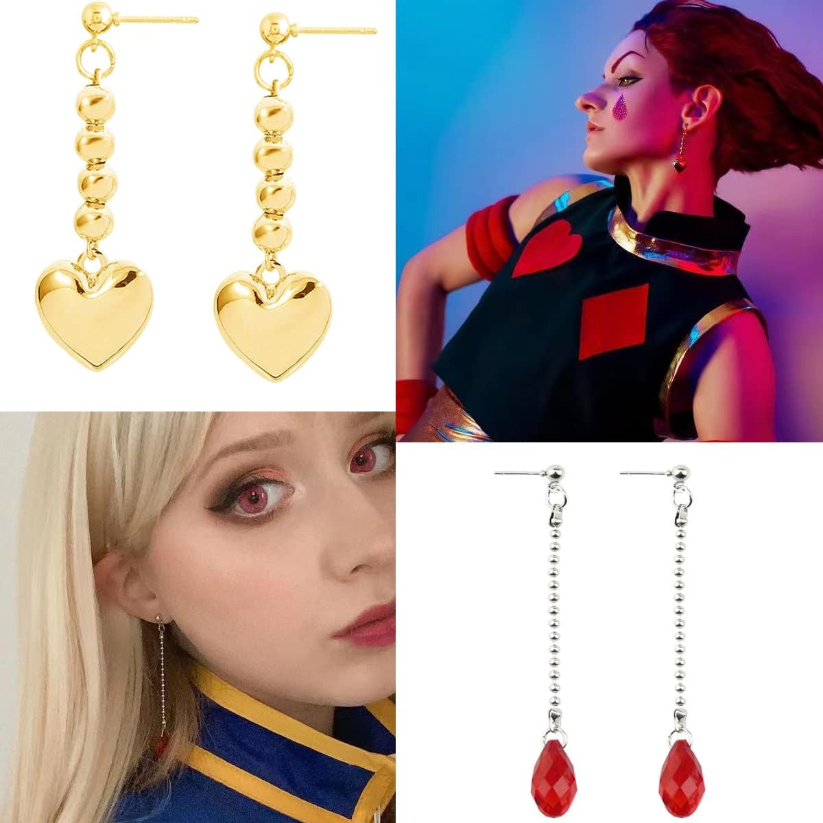 3 Pairs Anime Hunter×Hunter Kurapika Crystal Earrings Ear clip-Cosplay Hisoka Stars Teardrops Poker Stud Earrings Gold Heart Pendant Earrings 1 - Image 3