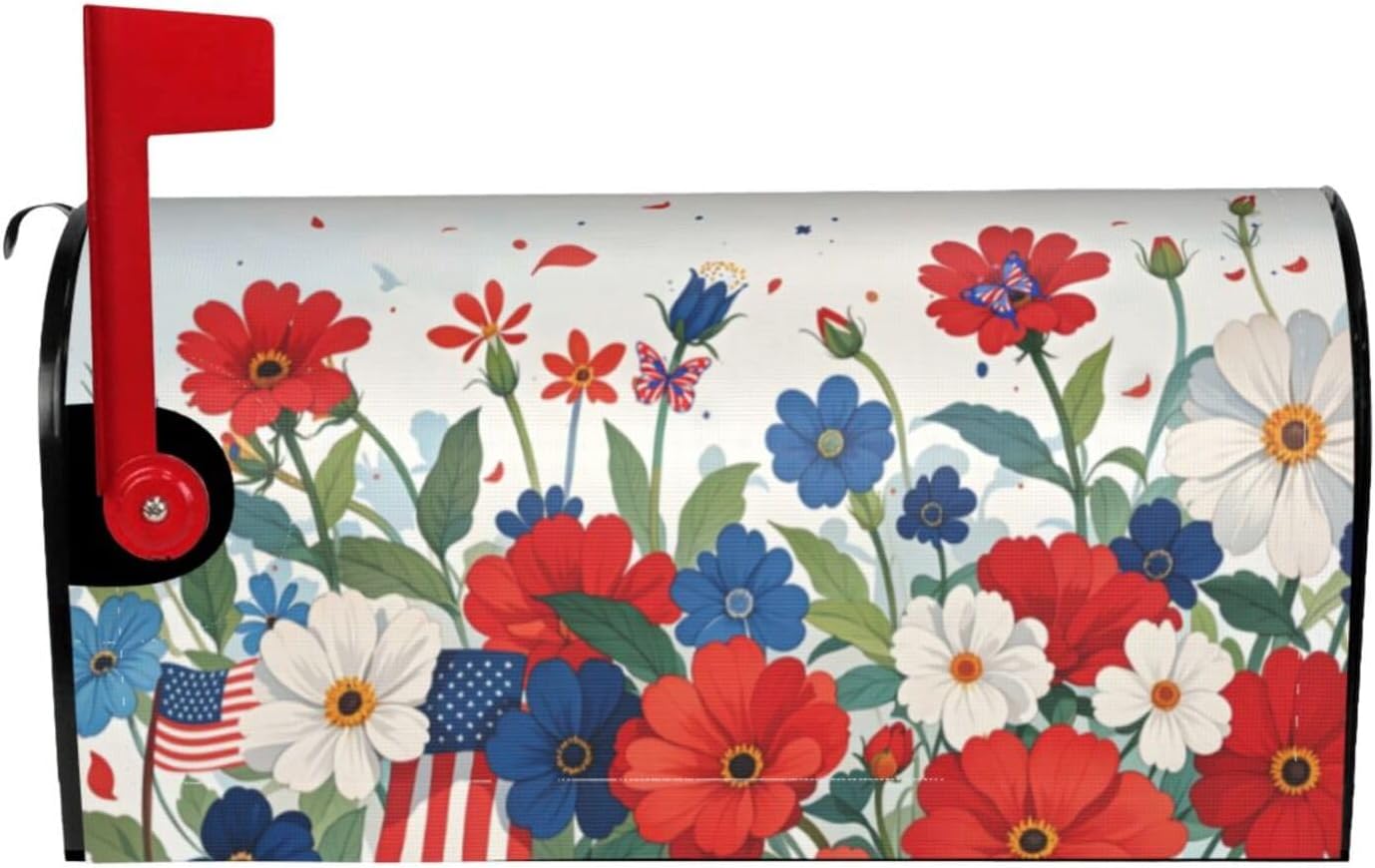 Butterfly Floral Independence Day Mailbox Cover, July 4th American Patriotic Wraps Cover, Red Blue Outdoor Magnetic Mailbox Cover, 25.1" X 21" Post Letter Box for Garden Yard Decor