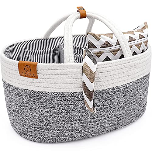 Image of J&JOO Premium Large Diaper Caddy includes Waterproof Wet Bag, 2 Inner Pockets, Rope Nursery Storage Bin for Boys and Girls, Natural Cotton, Baby Basket-Newborn Registry Must Haves, Car Organizer