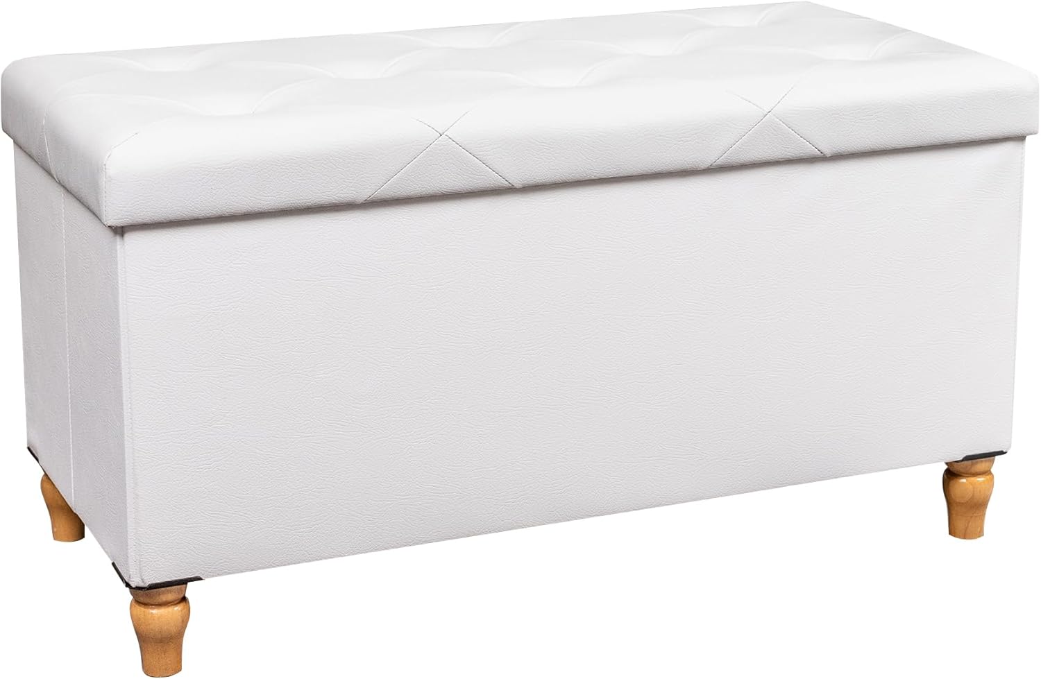 30 Inches Storage Ottoman Bench with Wooden Legs, Faux Leather Folding Ottoman Foot Rest, Storage Bench for Living Room, Hallway & Bedroom, Upgrade Large Capacity, White