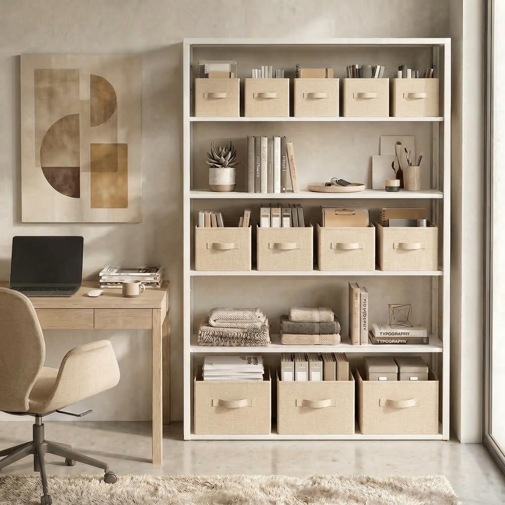 Aufbewahrungsbox Stoff 3er Set XXL – Organizer mit Griffen – Baumwolle & Leinen – Aufbewahrungskorb – faltbar für stilvolle Ordnung im Zuhause – Beige