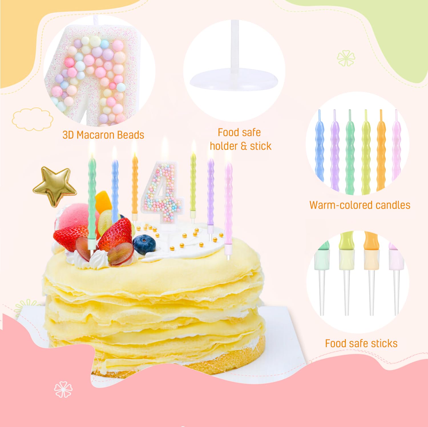 EAKE Lot De 4 Bougies D'anniversaire Avec 6 Bougies En Perles Arc-en-ciel, Chiffre 4 à Paillettes Macaron, Pour Anniversaire De Mariage, Décoration De Gâteau Pour Fille Et Femme