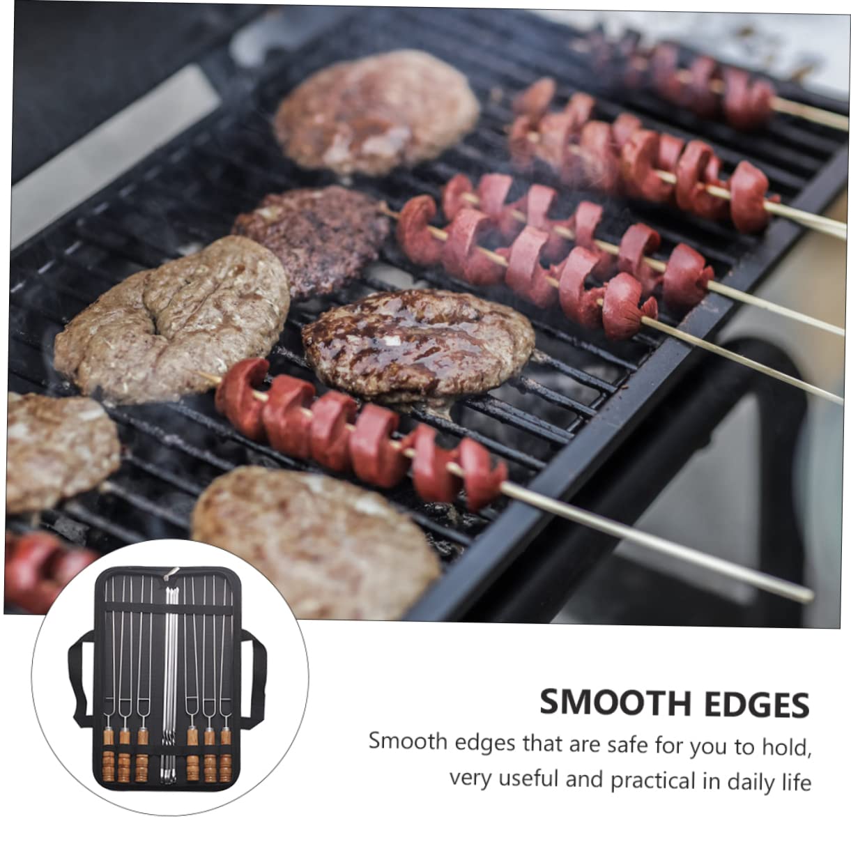 Brochetas de Acero Inoxidable 10 Piezas con Mango de Madera | Bolsa de Almacenamiento Incluida, Acabado Negro, Aptas para Cena Familiar y Uso al Aire Libre