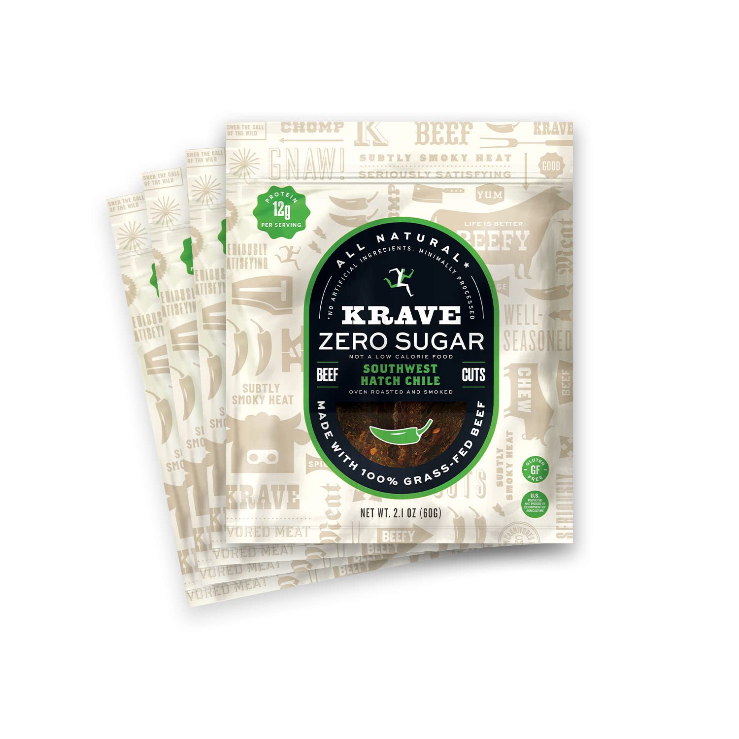 KRAVE Zero Sugar Beef Jerky, Southwest Hatch Chile - All Natural 100% Grass Fed Beef - Protein Packed Keto Snacks Roasted for Maximum Flavor - Gluten Free - 2.1 Ounce (Pack of 4)