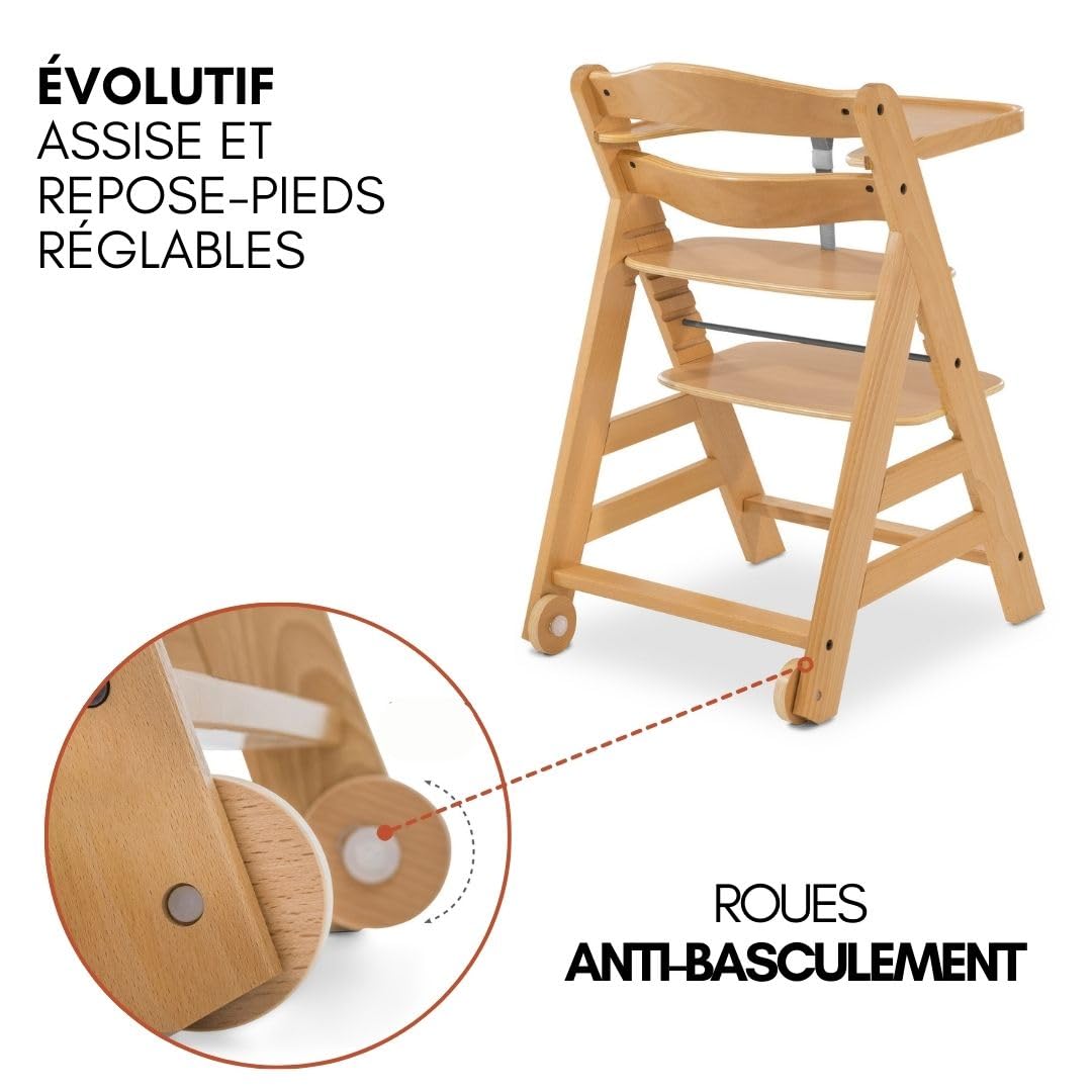 hauck Chaise Haute Bébé Evolutive en Bois Alpha Move Newborn Set avec Siège Nouveau-né Premium, Harnais 5 Points, dès Naissance, Roulettes, Coussin d'Assise et Tablette Repas - Naturel Gris Foncé