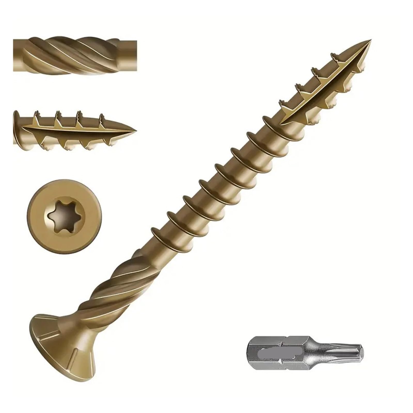 Vis à bois à tête plate 100 pièces #8x1-1/2", #8x2", #10x3" - Revêtement époxy antirouille brun doré, foret étoile T20 compatible avec(8x1-1 2)