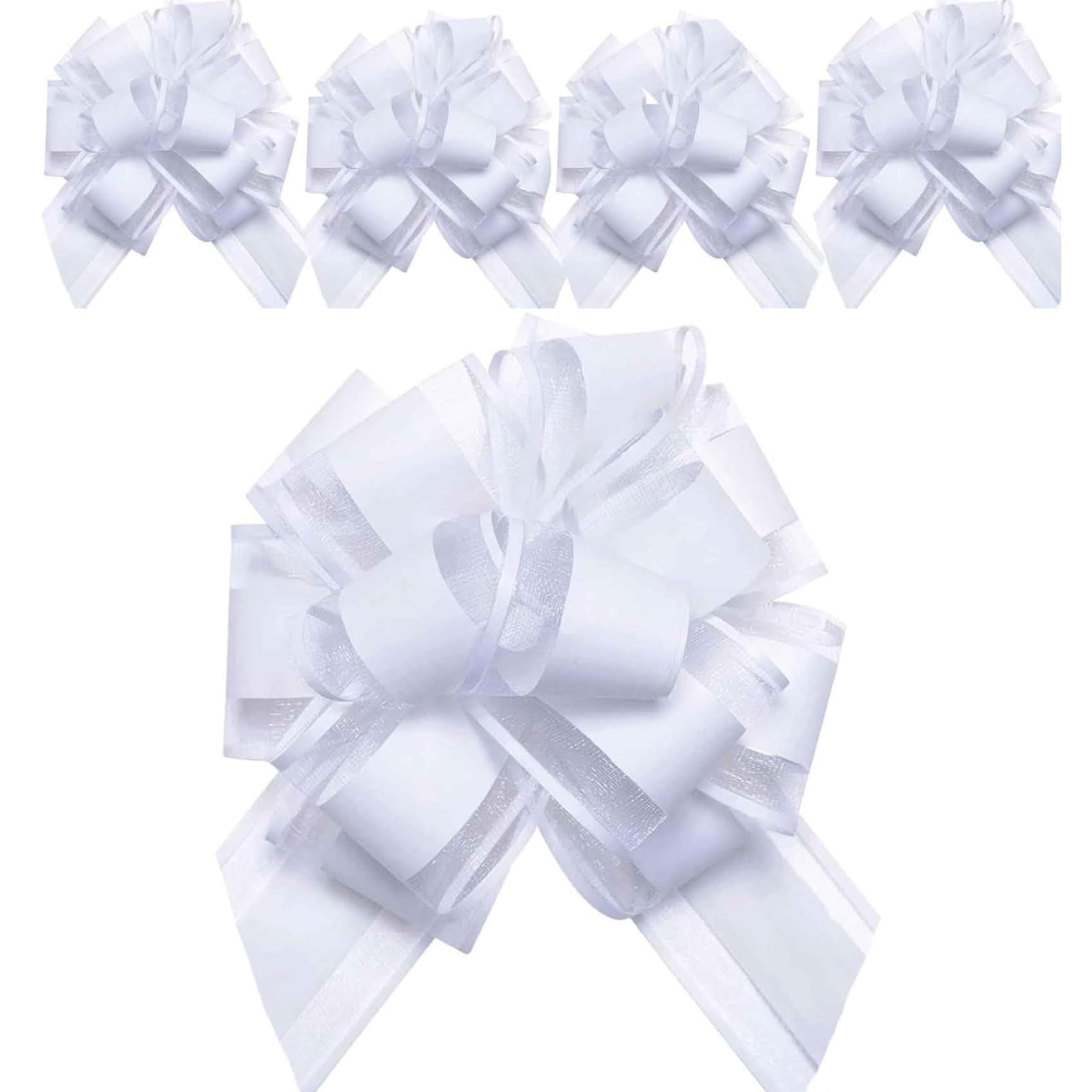 Zestjewel 5 PCS 7 in(17.78cm) Large Pull Bows Wrapping Pull Bow Ribbon，White Gift Wrap Bows for Gift Wrapping Baskets Wedding or Flower Decorations, Valentine's Day Birthday Gift Decorations