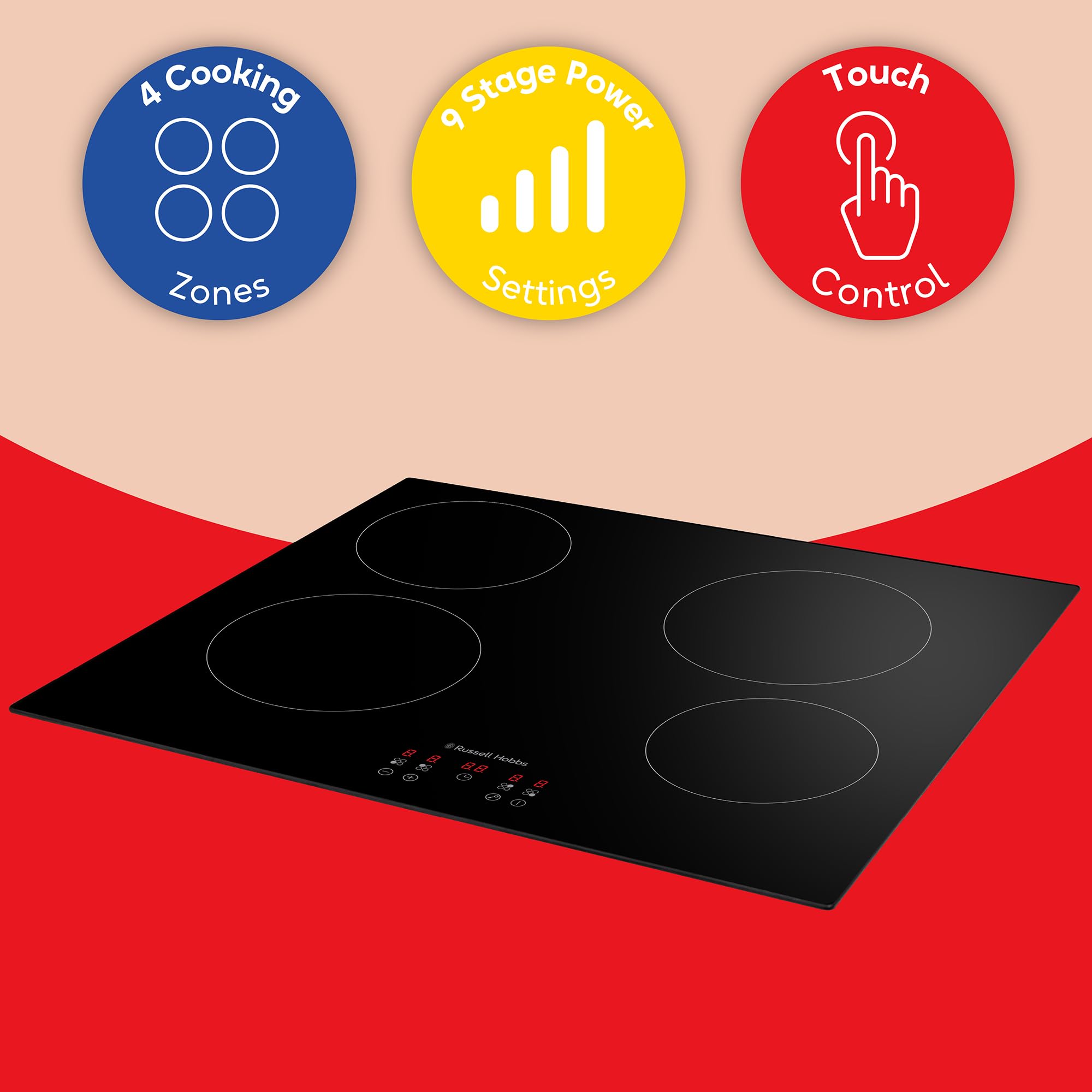 Russell Hobbs Electric Ceramic Hob 59cm Wide with 4 Cooking Zones, Electric 9 Power Levels, Touch Control & Easy Clean, Safety Cut Off, Timer & LED Display, Child Lock RH60EH413B — view 3