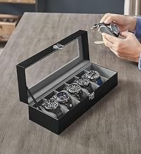 EXOMOON Modern 6 Slot Leather Watch Box Display Case Organizer Glass Jewelry Storage Watch Case/Men's Watches Storage/Large Watch Holders/Men’s Watch Display Stand