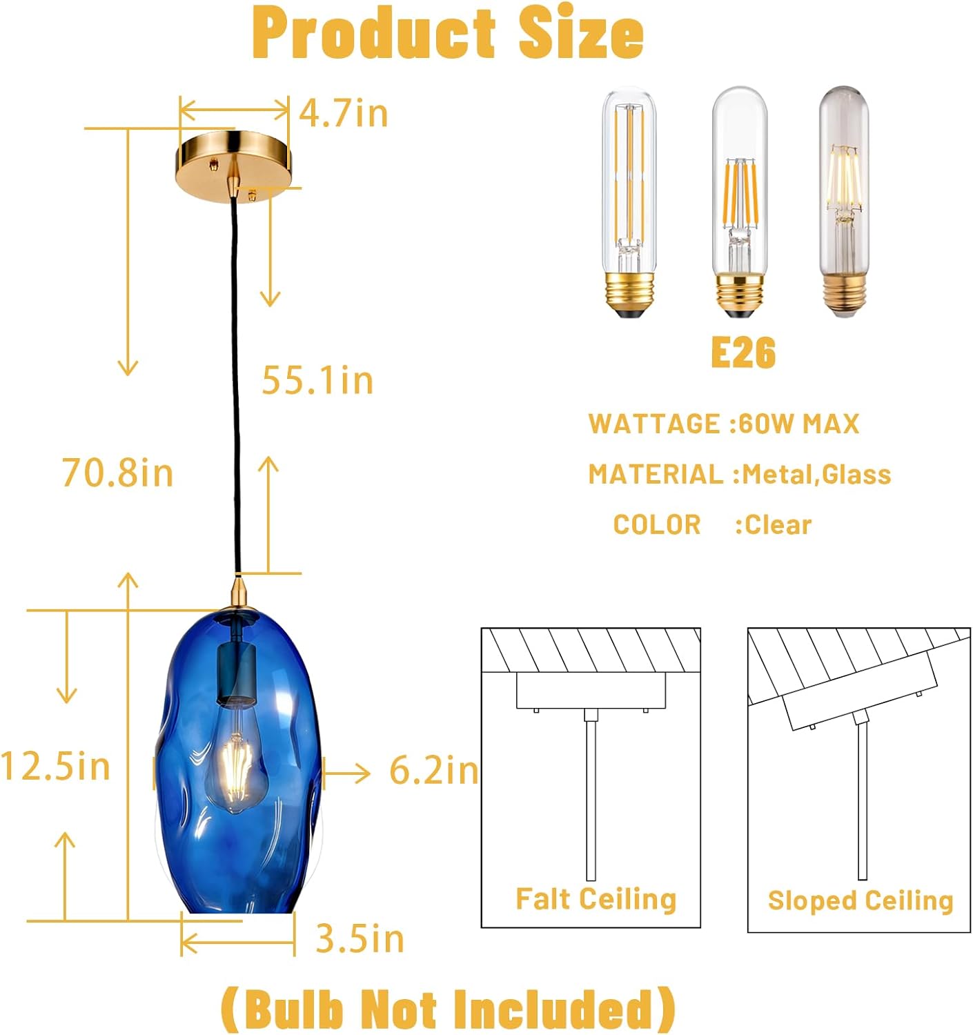 Blue Pendant Light Fixtures Adjustable 12.5'' Height Modern Kitchen Island Lighting Glass Organic Ceiling Hanging Light Fixtures for Bar, Counter, Patio, Over Sink, Dining Room,Table - Blue