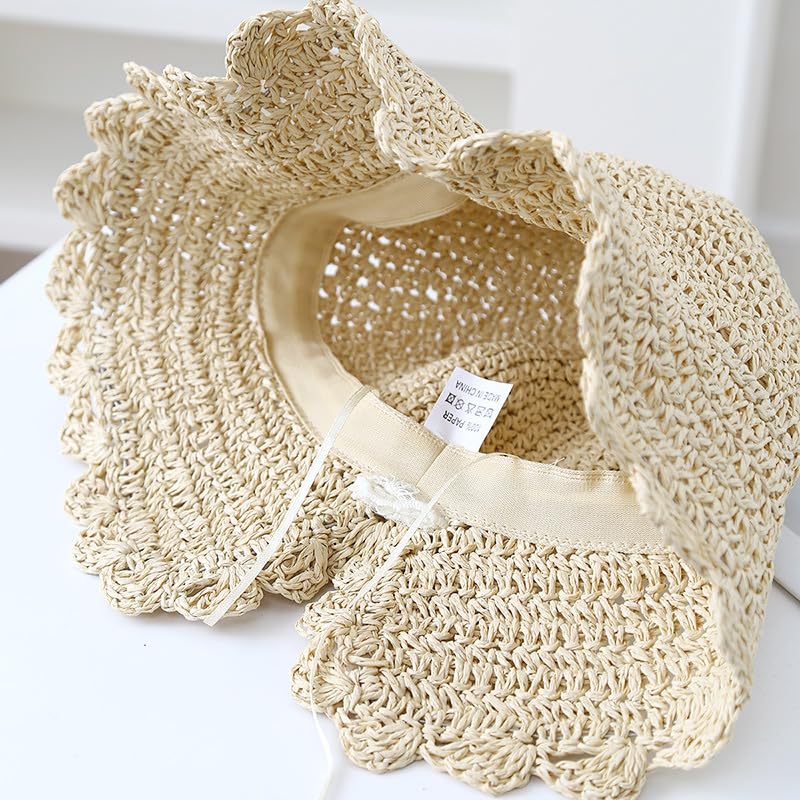 Gorra de Sol para Mujer,Gorra de Paja de Verano con Lazo de Encaje,Ajustable,Plegable,de ala Ancha,Flexible,Ahuecada,para Playa,para Caminar,Pescar y Viajar