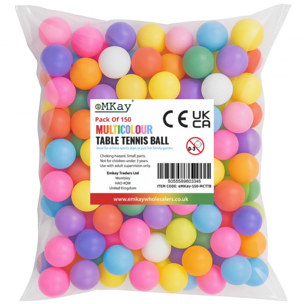 eMKay® Pack of 150 Multicoloured Ping Pong Table Tennis Balls ideal for Training Art Craft Toys Family School Games Cat Dog Beginner Kids Party Not for Professional Athletes (Random Colour Supplied)