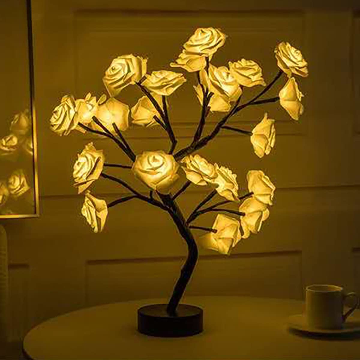 Verve Jelly Rose Flower Lamp USB/Battery Operated Desk Tree Lights Rose Flower Fairy Lamp Light with 24 LED Lights Artificial Light Tree Decoration for Home Wedding Christmas Xmas Decoration
