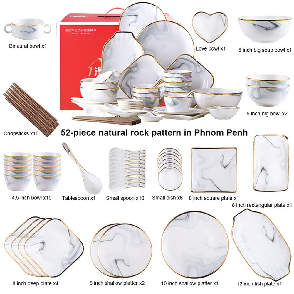 Zestaw naczyń dla 8-10 osób, zestaw talerzy i misek z ceramicznym wzorem marmuru, do kuchenki mikrofalowej i zmywarki, zestaw naczyń z porcelany, 52-częściowy