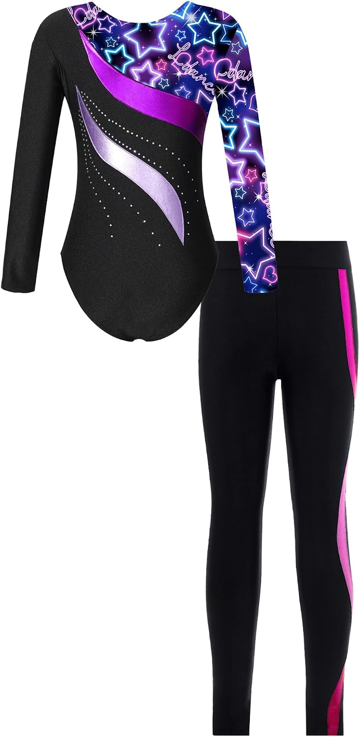 Kids Girls Gymnastics Dance Outfits Long Sleeve Leotard Biketard Jumpsuit with Leggings Pants Set Activewear