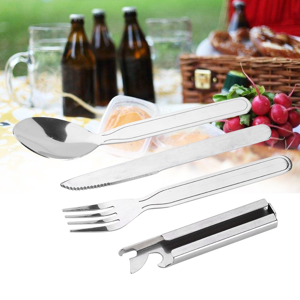 Xolsurg Stainless Steel Tableware Forks Spoon Knife Bottle Opener Camping Picnic Set